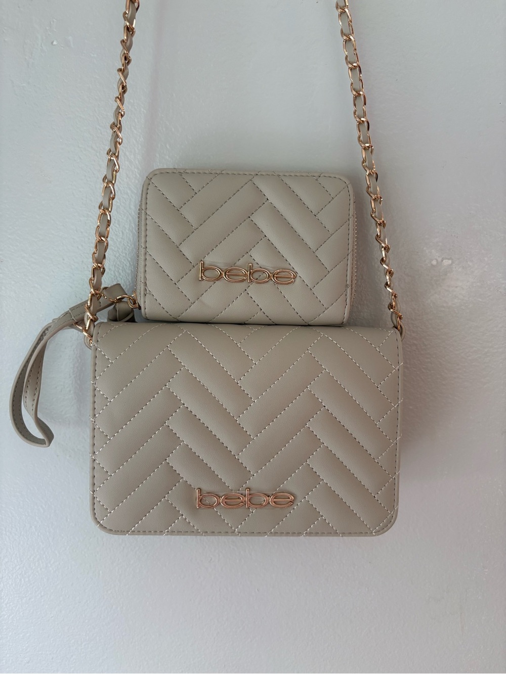 bebe Cream Quilted Chain Crossbody Bag and Wallet